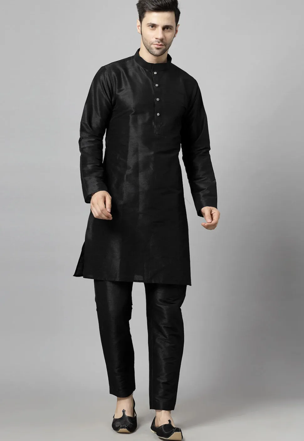 Embroidered Art Silk Kurta Set in Black and Purple