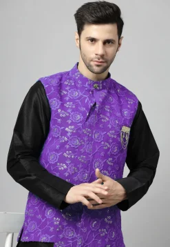 Embroidered Art Silk Kurta Set in Black and Purple
