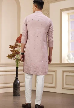 Embroidered Art Silk Kurta Set in Peach