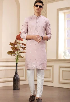 Embroidered Art Silk Kurta Set in Peach