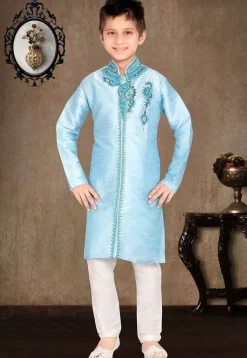 Embroidered Art Silk Kurta Pyjama Set in Sky Blue