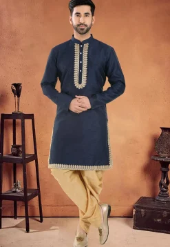 Embroidered Art Silk Kurta Set in Navy Blue