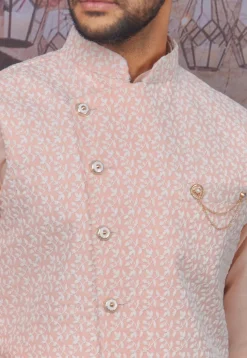 Embroidered Art Silk Kurta Jacket Set in Peach