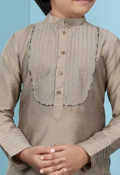 Embroidered Art Silk Kurta Set in Fawn