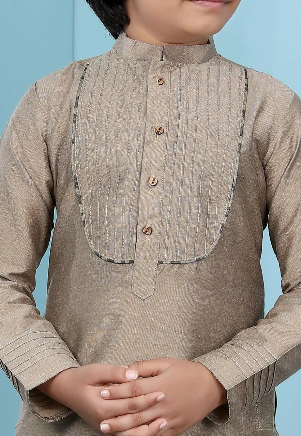 Embroidered Art Silk Kurta Set in Fawn