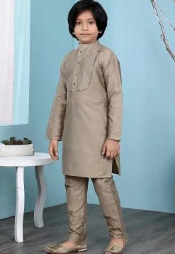 Embroidered Art Silk Kurta Set in Fawn