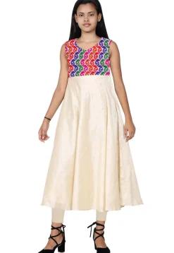 Embroidered Art Silk Kurta in Cream and Multicolor