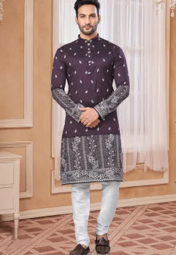 Embroidered Art Silk Kurta Set in Wine