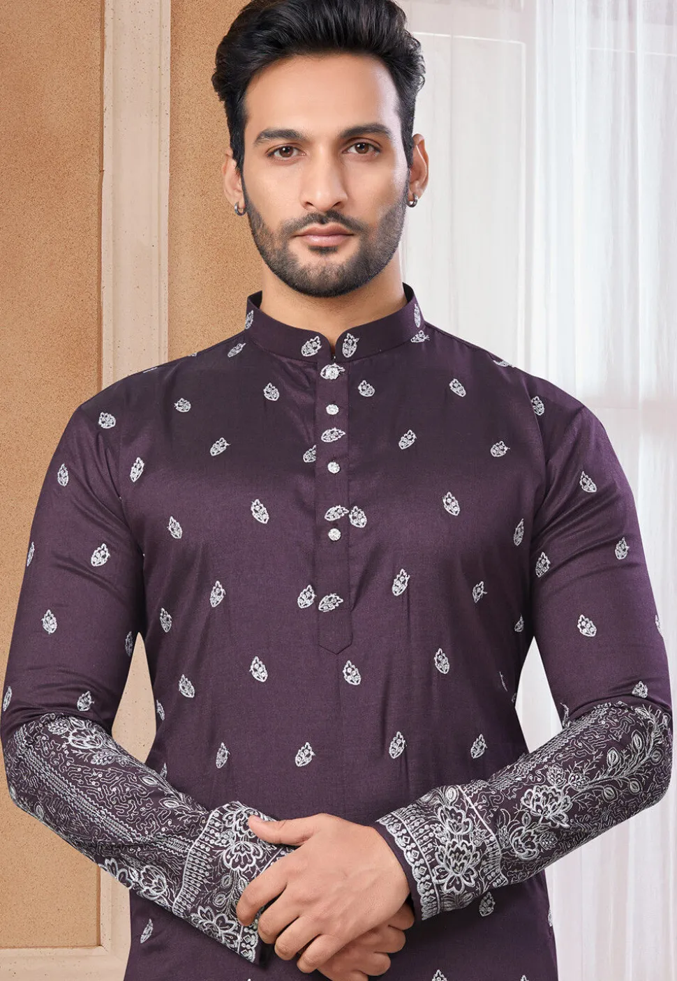 Embroidered Art Silk Kurta Set in Wine