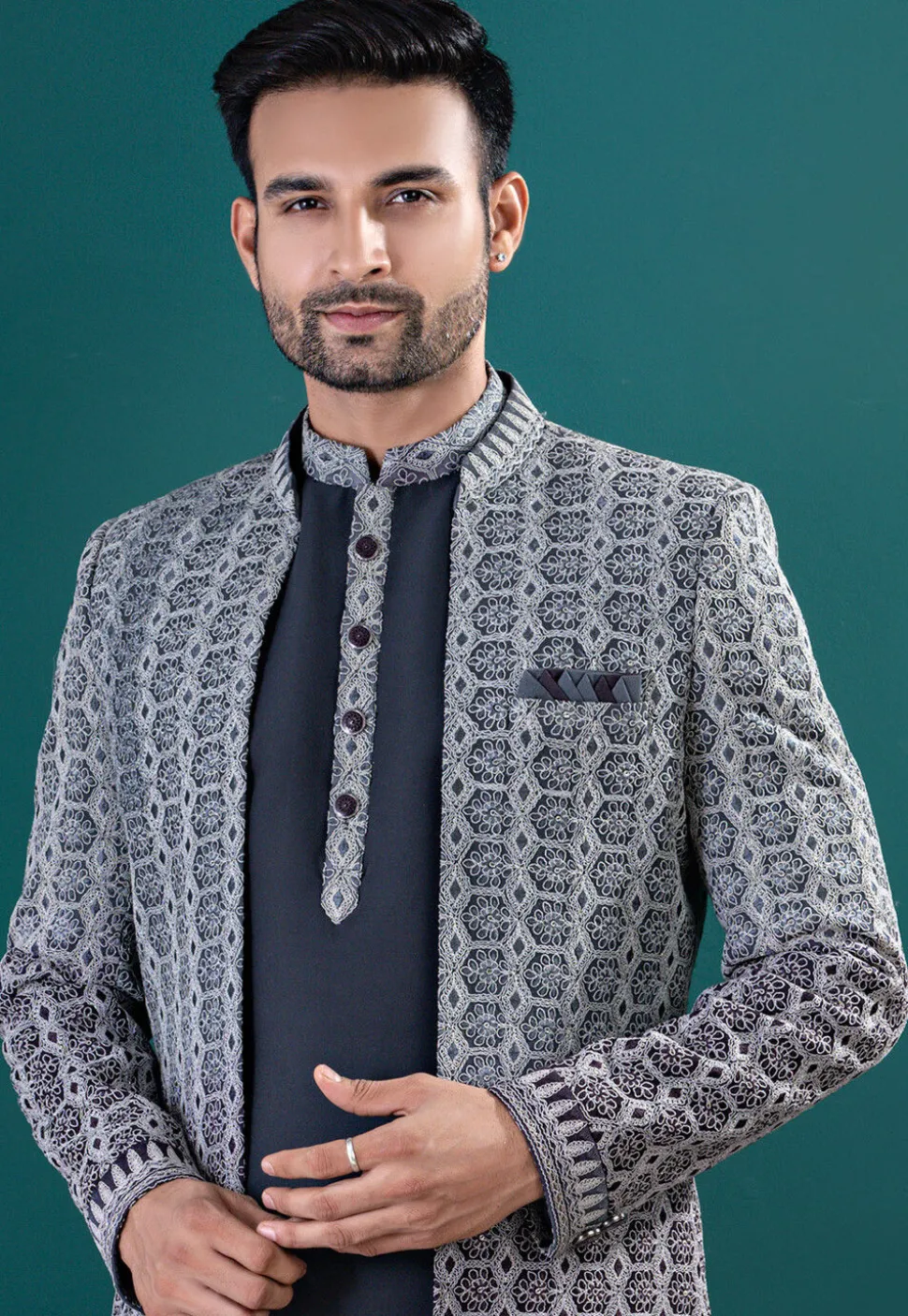 Embroidered Art Silk Kurta Set in Navy Blue