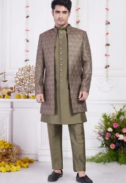 Embroidered Art Silk Kurta Set in Olive Green