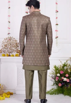 Embroidered Art Silk Kurta Set in Olive Green