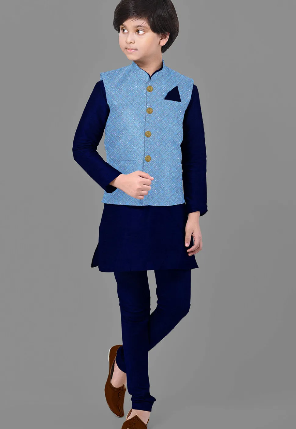Embroidered Art Silk Kurta Set in Navy Blue