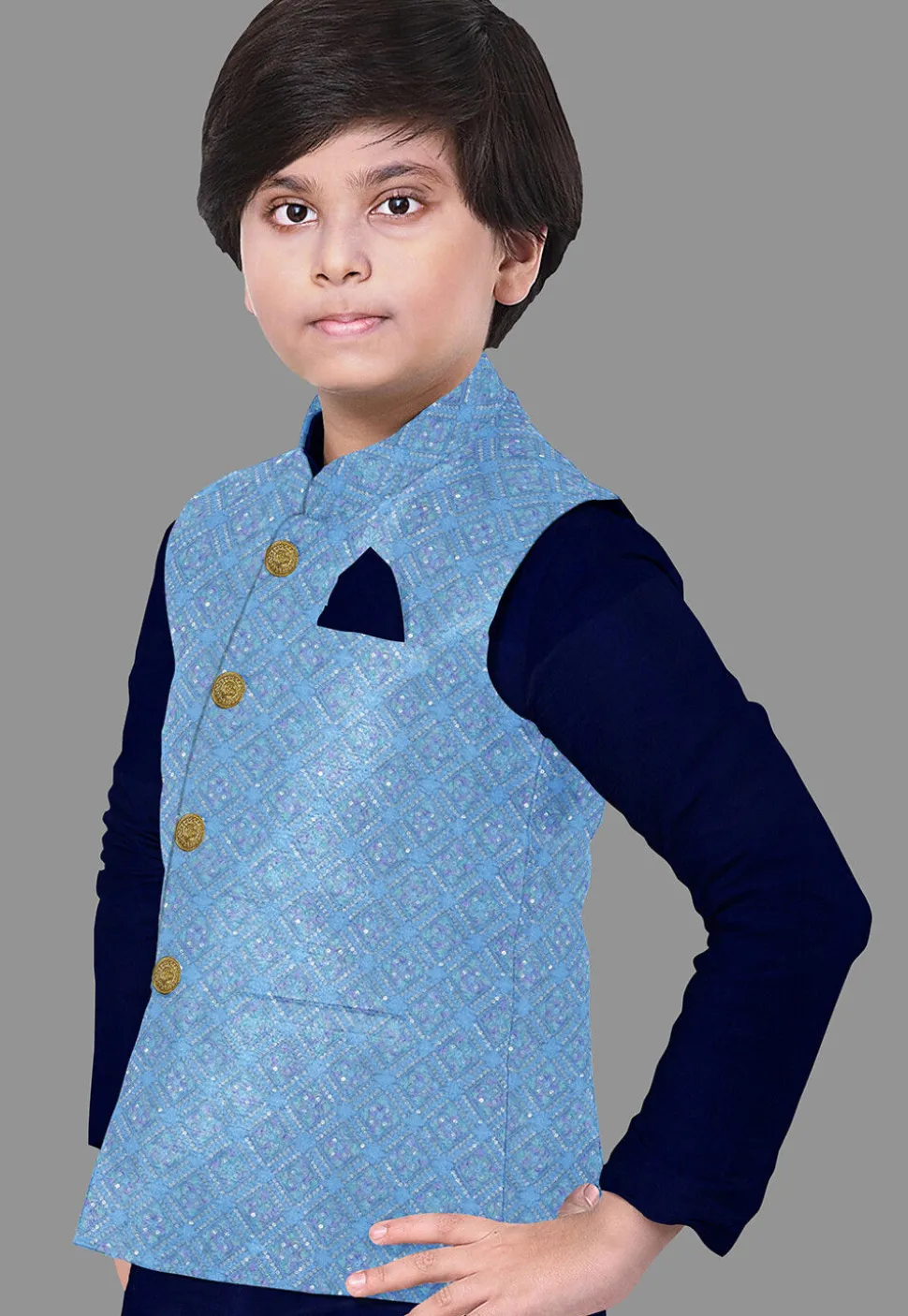 Embroidered Art Silk Kurta Set in Navy Blue