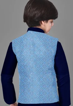 Embroidered Art Silk Kurta Set in Navy Blue