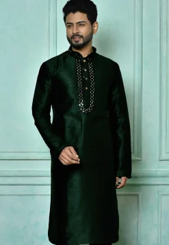 Embroidered Art Silk Kurta in Dark Green