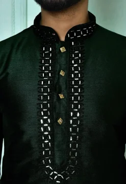 Embroidered Art Silk Kurta in Dark Green
