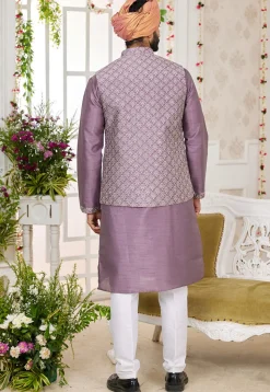 Embroidered Art Silk Kurta Set in Purple