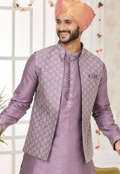Embroidered Art Silk Kurta Set in Purple
