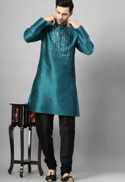Embroidered Art Silk Kurta Set in Teal Blue