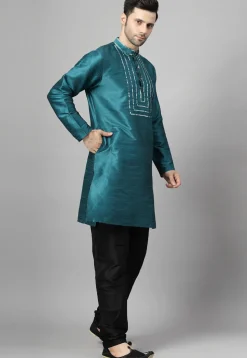 Embroidered Art Silk Kurta Set in Teal Blue