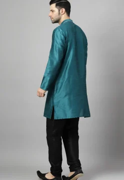 Embroidered Art Silk Kurta Set in Teal Blue