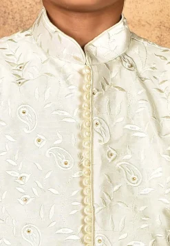 Embroidered Art Silk Kurta Set in Off White