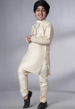 Embroidered Art Silk Kurta Set in Cream