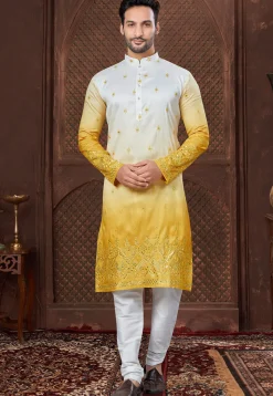 Embroidered Art Silk Kurta Set in Shaded White and Yellow