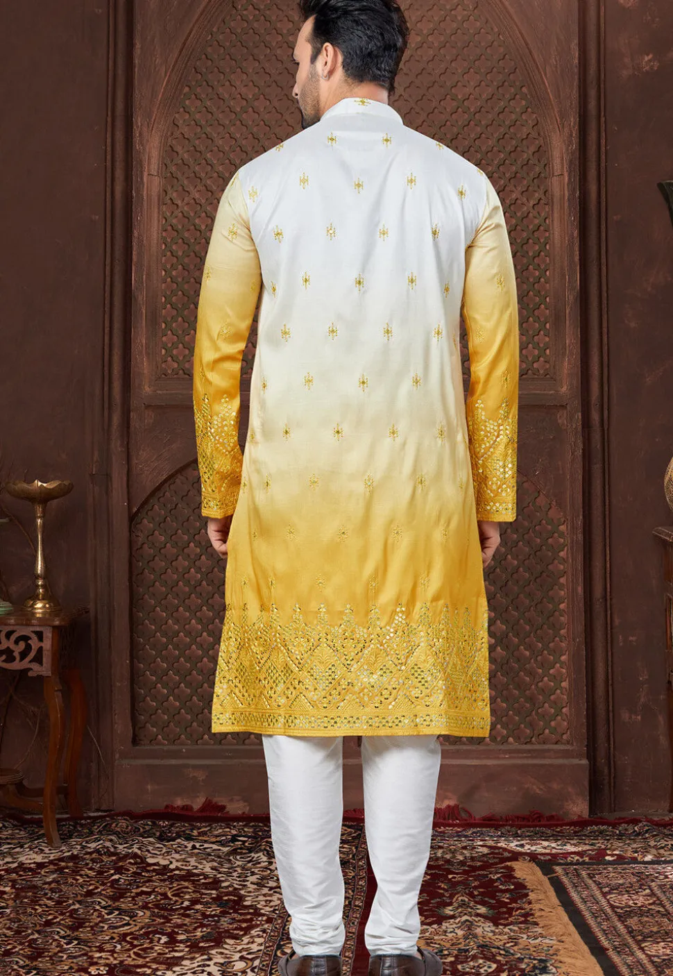 Embroidered Art Silk Kurta Set in Shaded White and Yellow