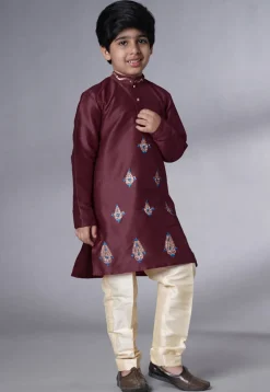 Embroidered Art Silk Kurta Set in Wine