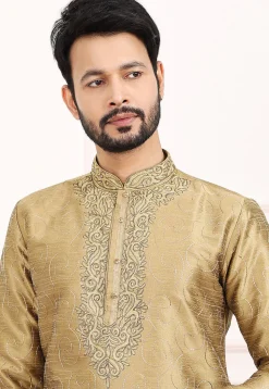 Embroidered Art Silk Kurta Set in Dark Beige