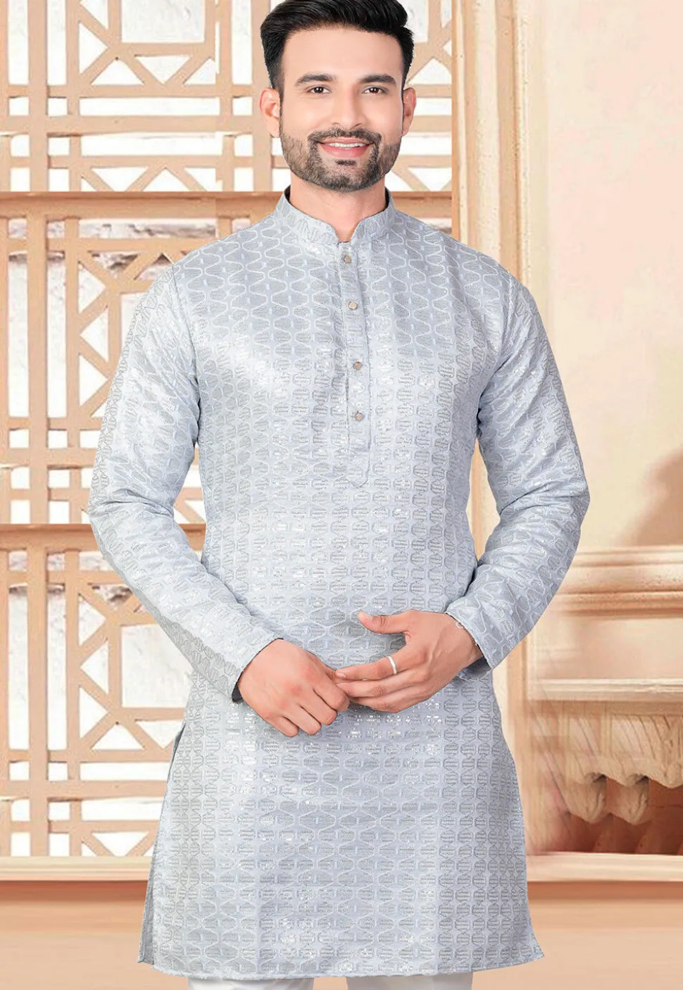 Embroidered Art Silk Kurta in Light Blue