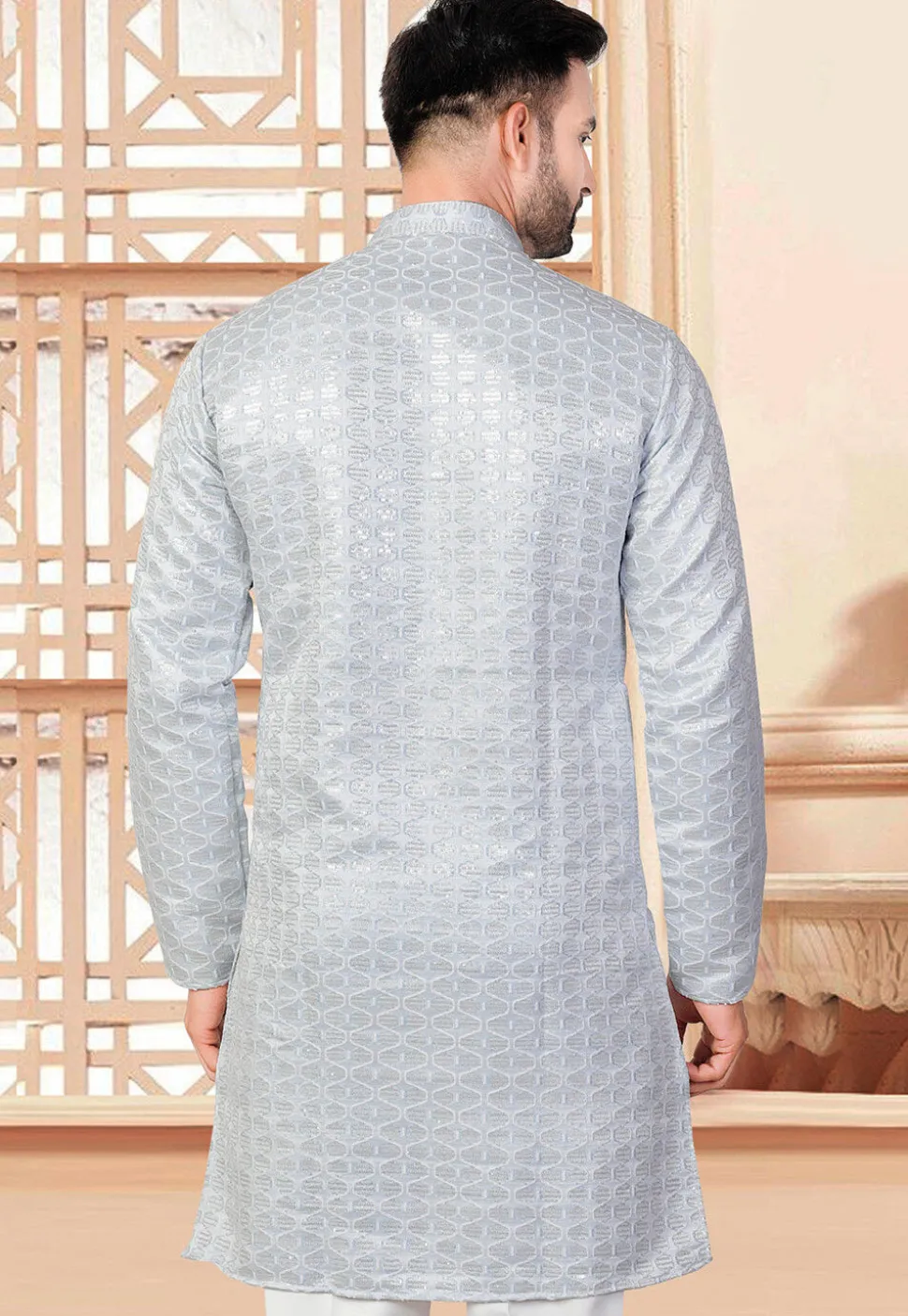 Embroidered Art Silk Kurta in Light Blue