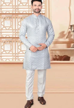 Embroidered Art Silk Kurta in Light Blue