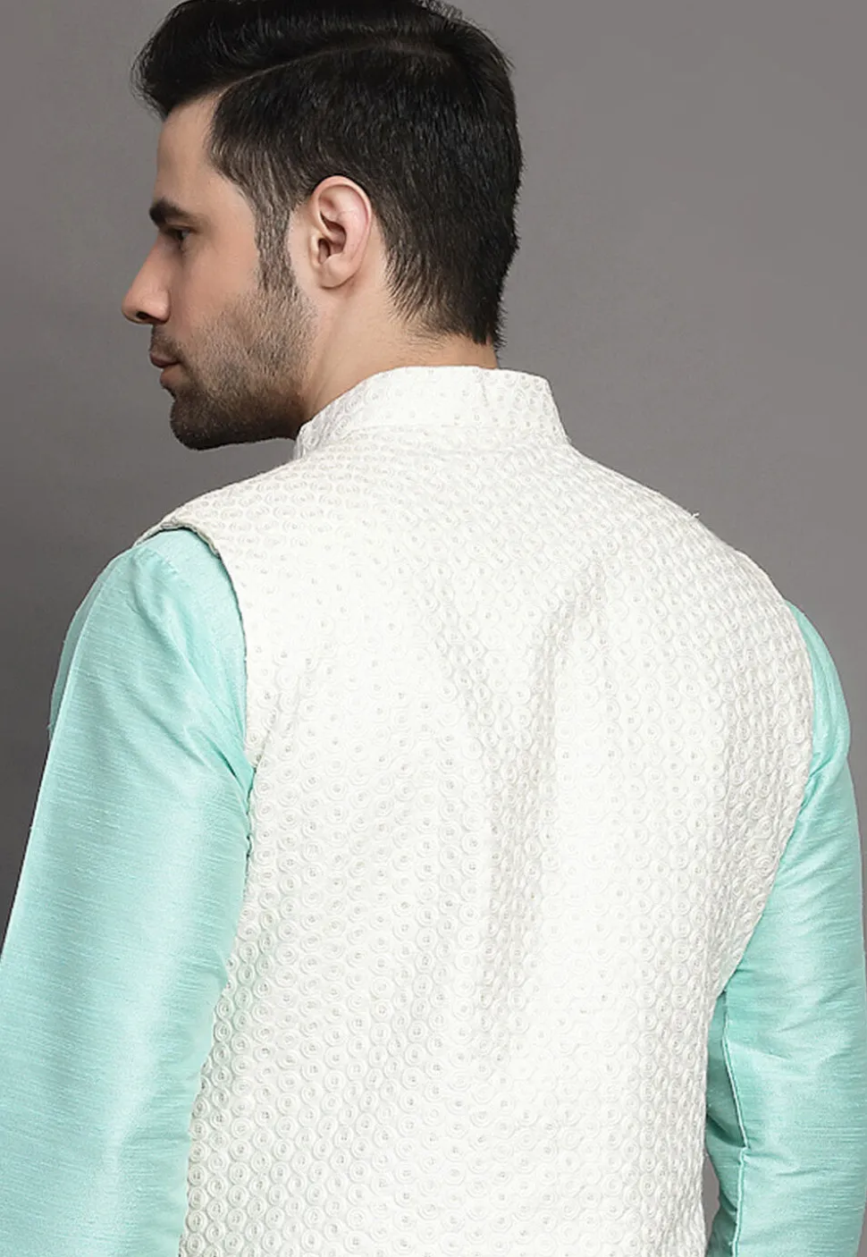 Embroidered Art Silk Kurta Jacket Set in Sky Blue