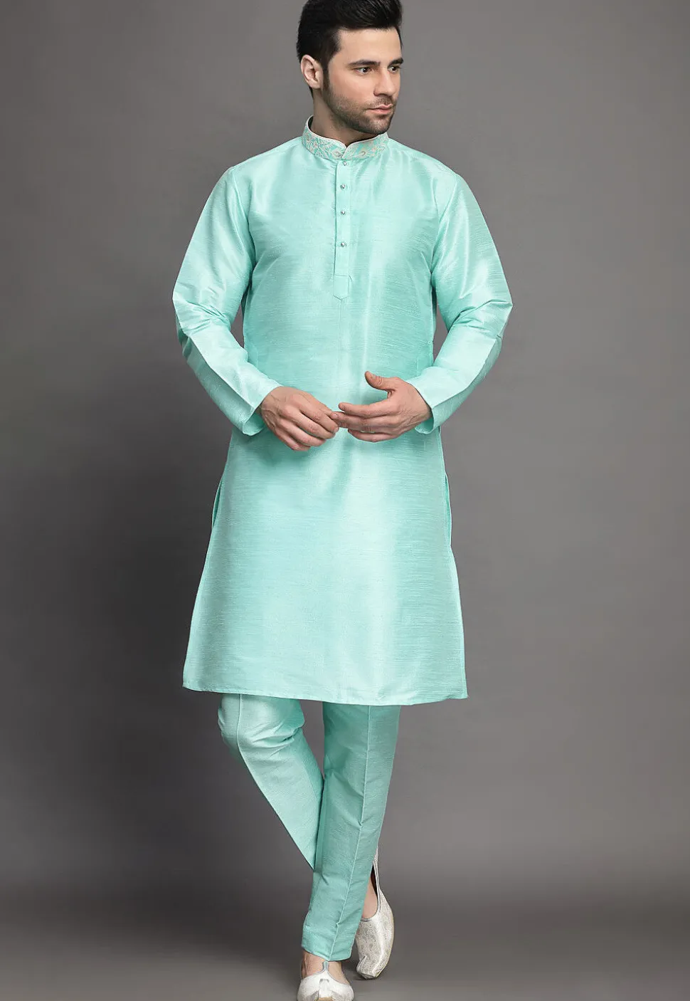 Embroidered Art Silk Kurta Jacket Set in Sky Blue