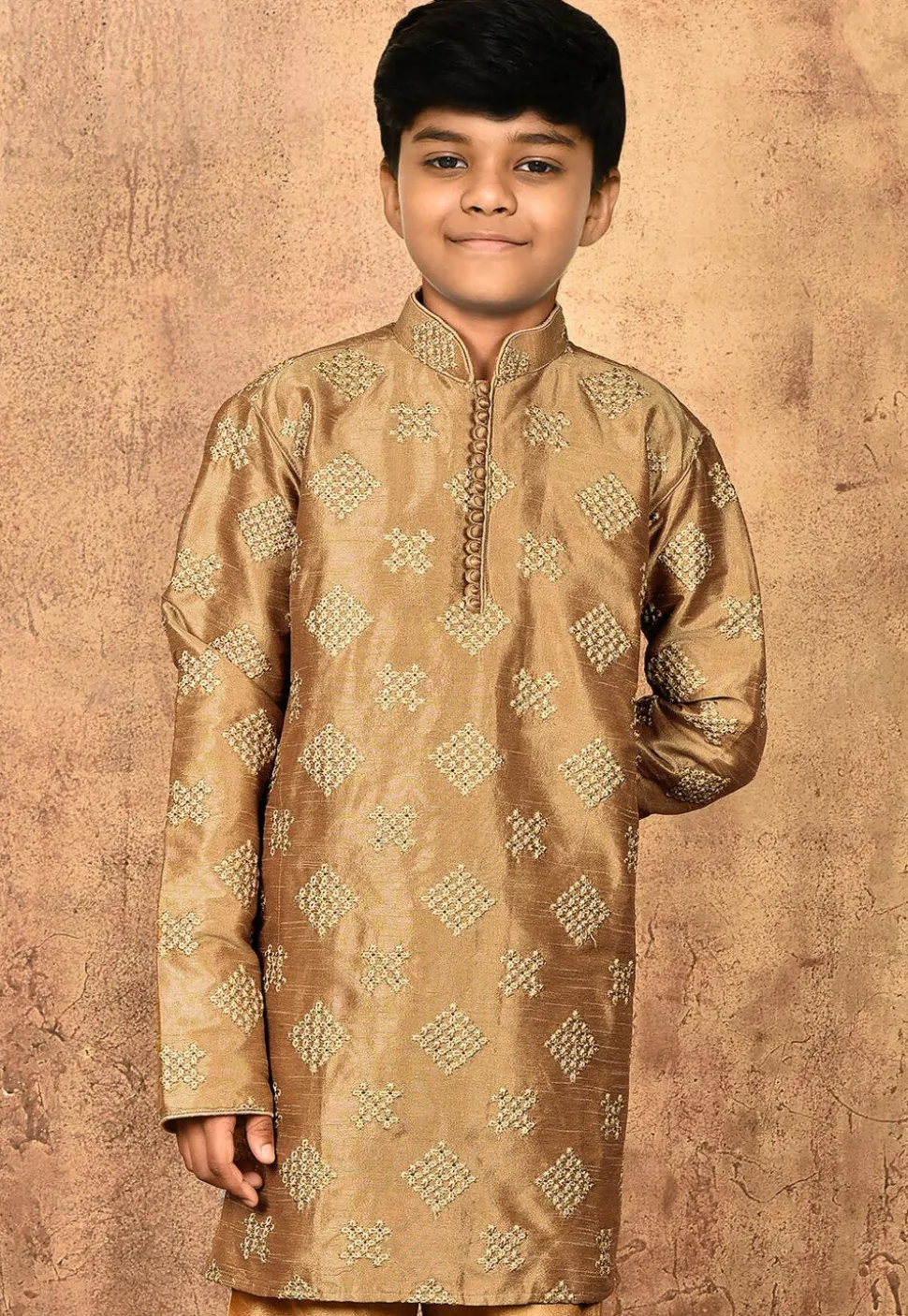 Embroidered Art Silk Kurta Set in Beige