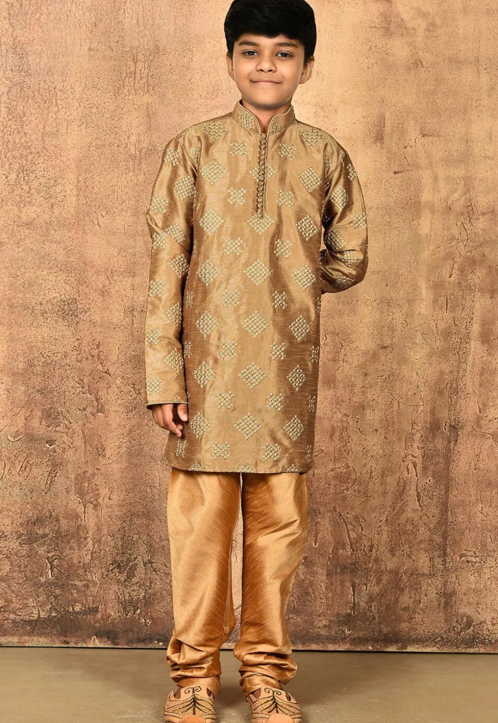 Embroidered Art Silk Kurta Set in Beige