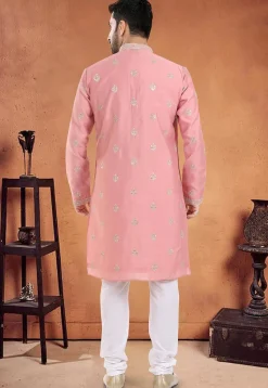 Embroidered Art Silk Kurta Set in Peach