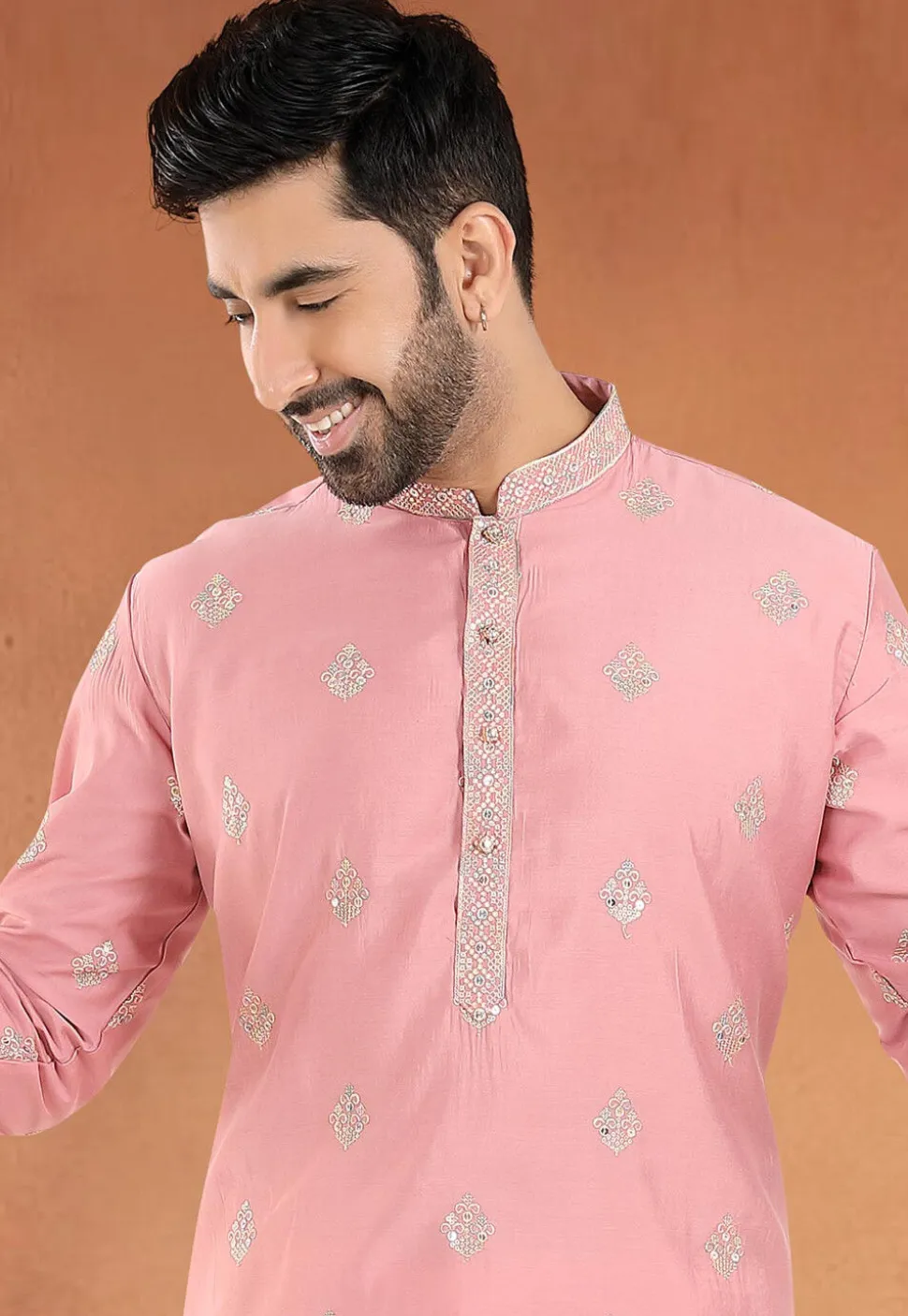 Embroidered Art Silk Kurta Set in Peach
