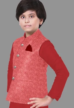 Embroidered Art Silk Kurta Set in Red