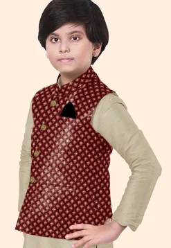 Embroidered Art Silk Kurta Set in Beige and Maroon