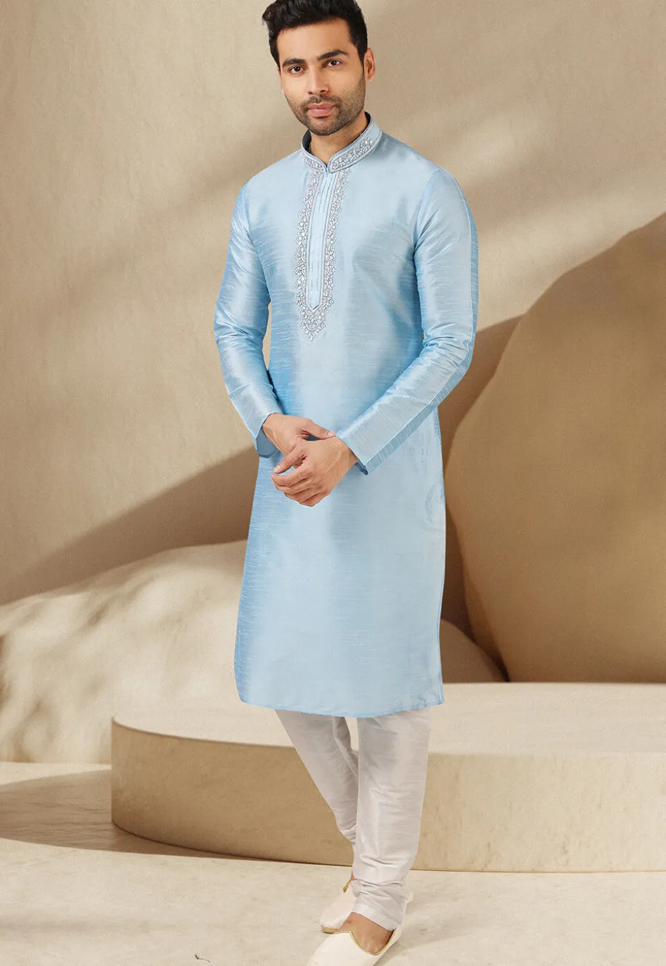 Embroidered Art Silk Kurta Set in Sky Blue