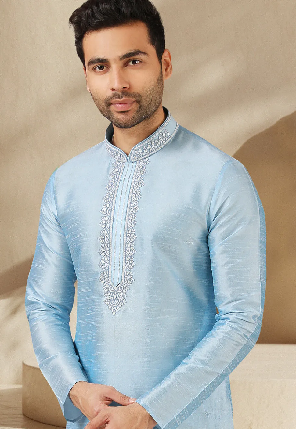 Embroidered Art Silk Kurta Set in Sky Blue
