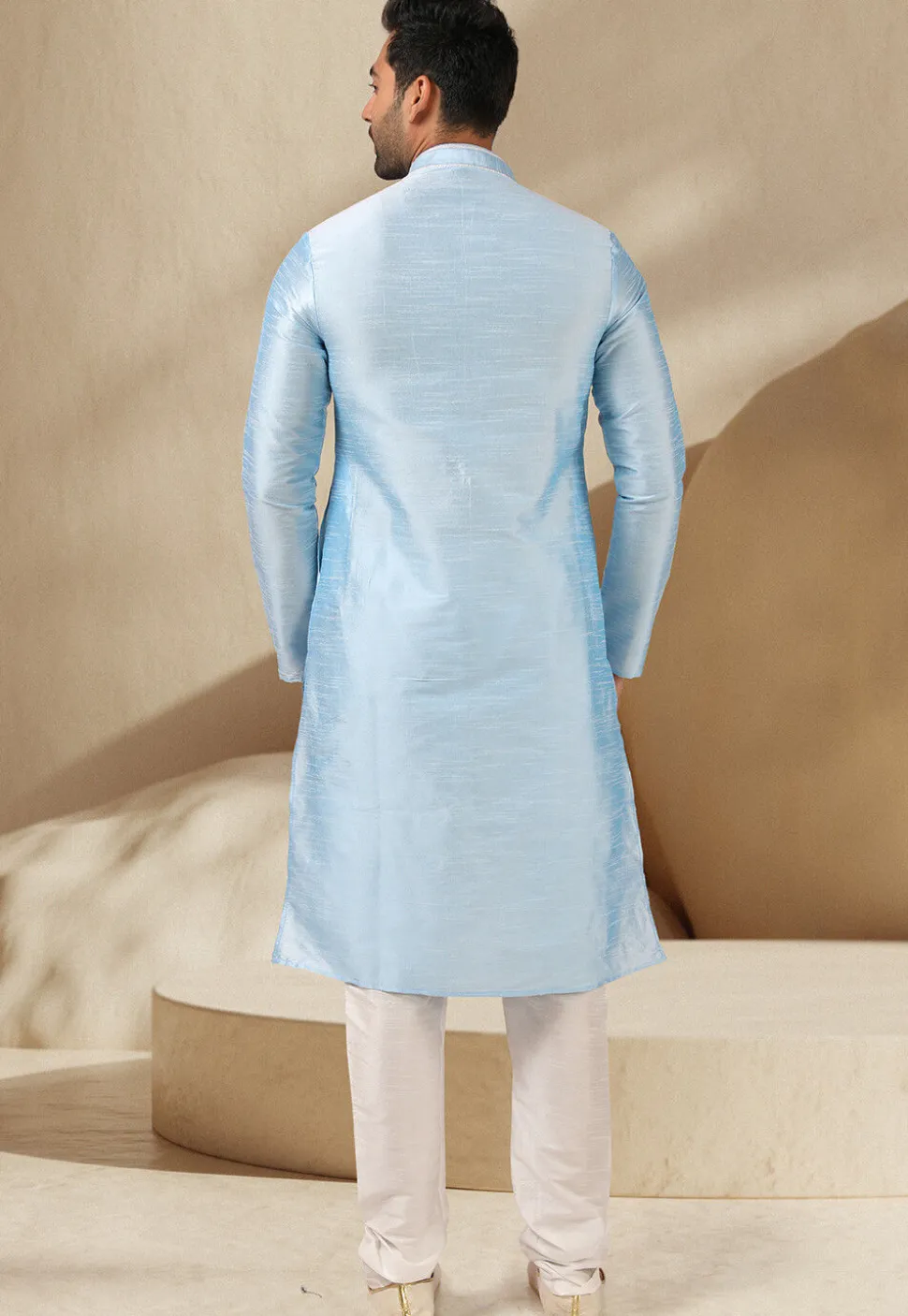 Embroidered Art Silk Kurta Set in Sky Blue