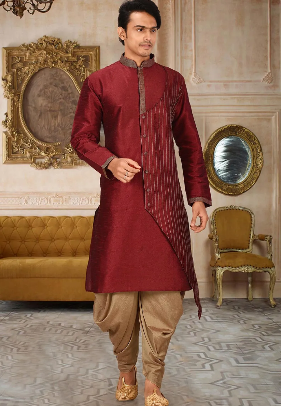 Embroidered Art Silk Kurta Set in Maroon