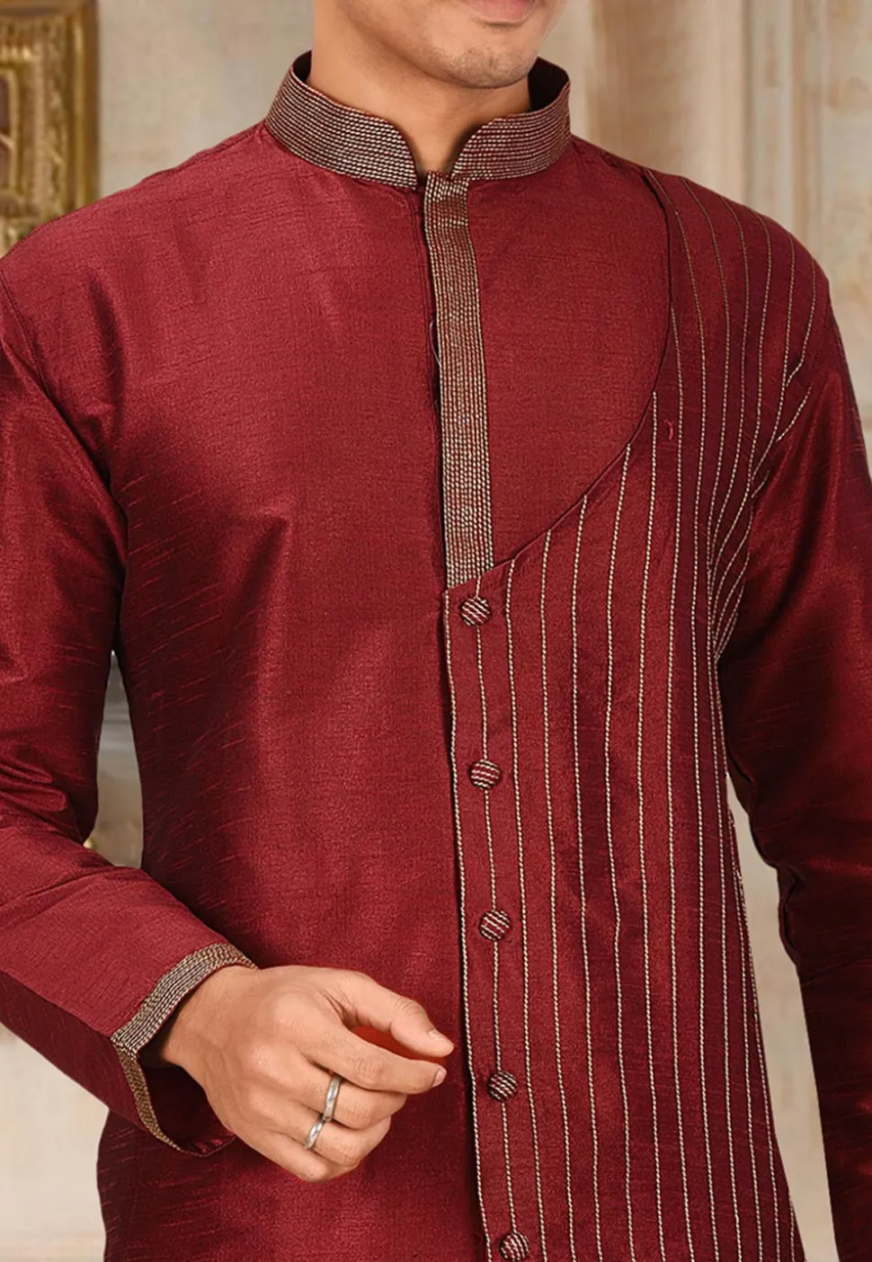 Embroidered Art Silk Kurta Set in Maroon