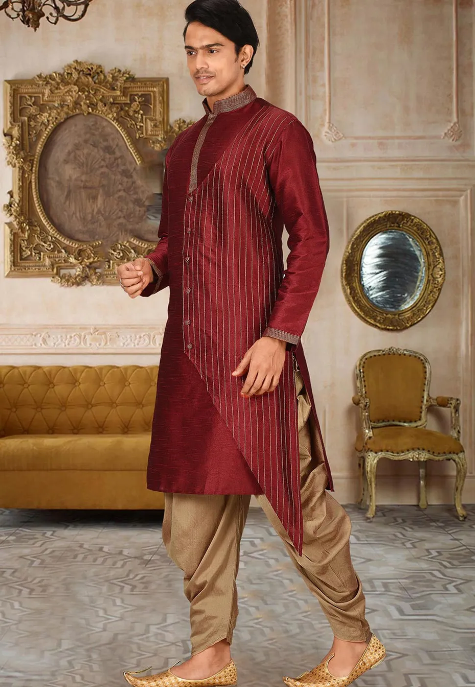Embroidered Art Silk Kurta Set in Maroon