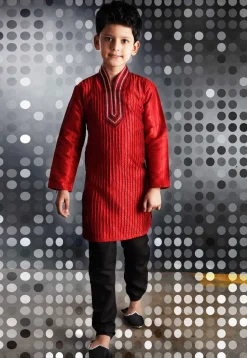 Embroidered Art Silk Kurta Pyjama Sets in Red